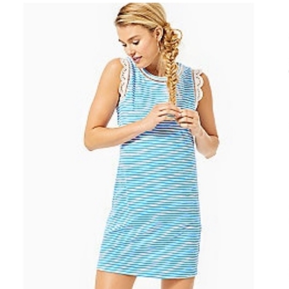 Lilly Pulitzer Zanzibar Blue White Lace Beach Happy Stripe Agee Dress Sz M